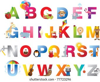 The complete childrens english alphabet spelt out with different fun cartoon animals and toys