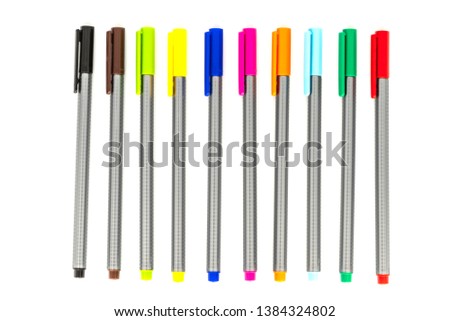A complete collection of capped fineliners in isolated white background