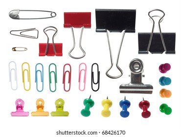 complete collection of various type of paper clip on white background. each one is shot separately