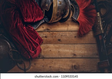 Complete Combat Equipment Of The Ancient Greek Warrior On A Wooden Boards.