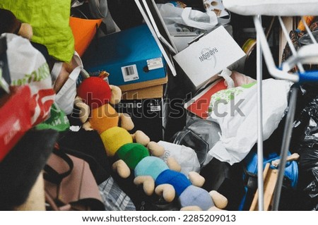 Complete mess, storage, knick-knacks, untidy balcony, poverty,  bright chaos, soviet 