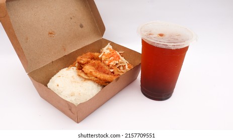 Complete Package Of Japanese Food, Chicken Katsu With Sweet Iced Tea On A White Background