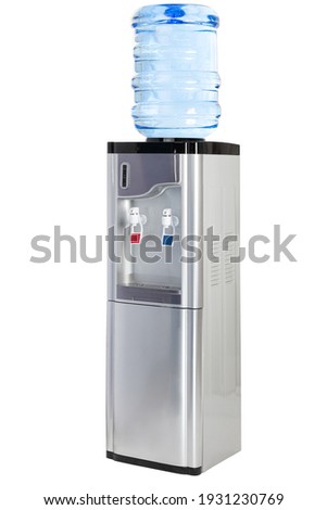 complete photo of silver electric purified water dispenser with hot and cold water with refrigerator included on a white background, concept of objects and health.