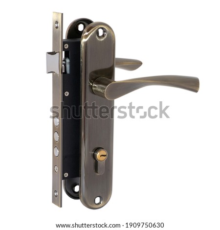 Complete set of a bronze-colored mortise lock and three bolts with handles on the slats, a cylinder on a white background