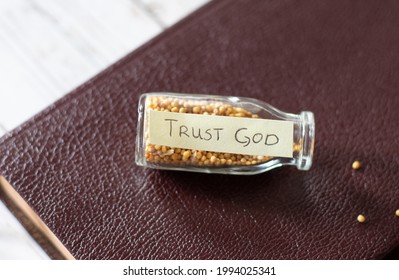 Complete Trust In God And Jesus Christ Bottle With Bible Verse Full Of Mustard Seed. Firm Faith And Hope In God's Word And His Promises.