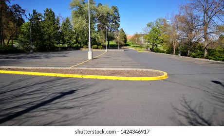 Completely empty parking lot surrounded by trees and vegetation