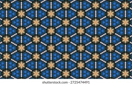 Complex abstract background featuring star-shaped blue and yellow floral motifs in a seamless hexagonal layout.