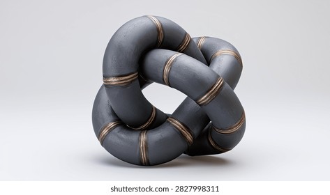 A complex, abstract sculpture made of dark metal tubes, intricately linked together, showcasing a unique industrial design.