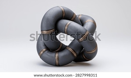 A complex, abstract sculpture made of dark metal tubes, intricately linked together, showcasing a unique industrial design.