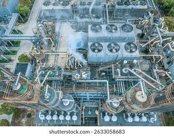 Complex chemical processing facility showing intricate network of pipes and industrial equipment.