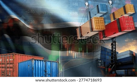 Complex geopolitical fluctuations are impacting Botswana's imports, exports, and maritime trade. This is illustrated by shipping containers, the Botswanan flag, and industrial forklifts integrated into a market chart.