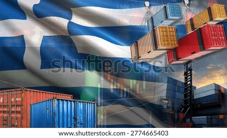 Complex geopolitical fluctuations are impacting Greece's imports, exports, and maritime trade. This is illustrated by shipping containers, the Greek flag, and industrial forklifts integrated into a market chart.