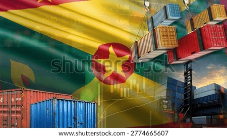 Complex geopolitical fluctuations are impacting Grenada's imports, exports, and maritime trade. This is illustrated by shipping containers, the Grenadian flag, and industrial forklifts integrated into a market chart.