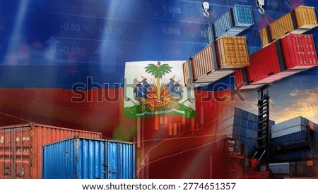Complex geopolitical fluctuations are impacting Haiti's imports, exports, and maritime trade. This is illustrated by shipping containers, the Haitian flag, and industrial forklifts integrated into a market chart.