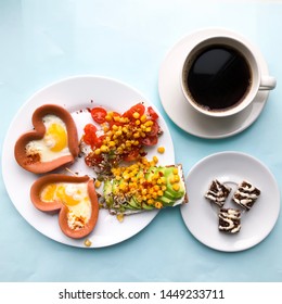 Complex Healthy Food For Breakfast. Tasty Meal In The White Round Ceramic Dishes On Blue Background. Morning Coffee Foe All Day Energy.