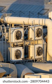 Complex industrial HVAC setup on flat roof. Multiple white AC units stacked in metal frames. Thick white pipes weave across structure. Warm sunset light highlights metallic surfaces. air conditioning.