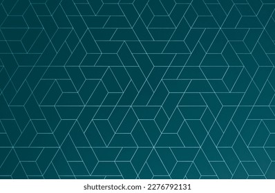 Complex interplay thin lines backdrop. Endless abstract white lines and geometric shapes connected on a blue green background. Seamless geometric pattern for backdrop texture. tech. room concept