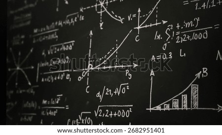Complex mathematical formulas and equations written on a dark chalkboard surface in white chalk, 