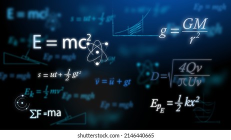 Complex mathematical or physics equations on a black or dark blue background such as Albert Einstein's general relativity and Sir Isaac Newton's laws of motion.