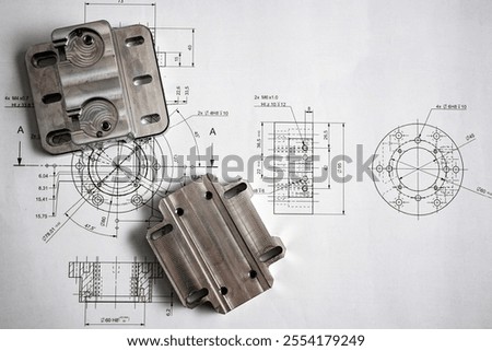 Complex metal component showcasing precision manufacturing, placed on an engineering blueprint.