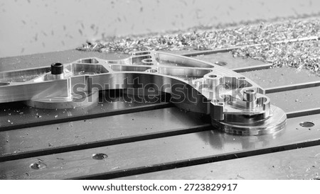 Complex metal work on machine table, made on modern programmable CNC multifunctional metalworking machine, industrial concept background