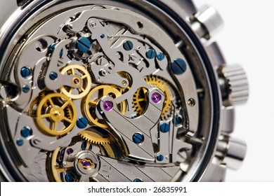 The complex movement of a modern wind-up watch