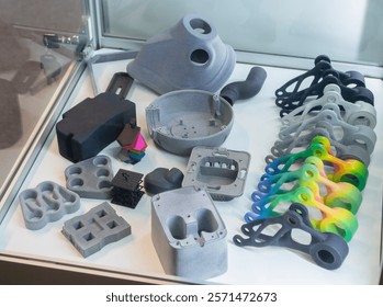 Complex multi-part models printed on 3D printer from polyamide powder. Detailed prototype created on 3D printer from plastic powder. 3D printing powder technology. Multi Jet Fusion MJF technology