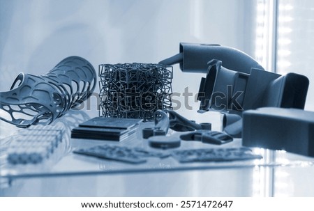 Complex multi-part models printed on 3D printer from black polyamide powder. Detailed prototype created on 3D printer from plastic powder. 3D printing powder technology Multi Jet Fusion MJF technology
