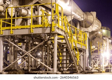 Complex network of pipes, platforms, and yellow railings at an industrial facility or power plant, illuminated at night, showcasing heavy machinery.