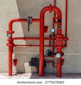 complex network of red painted metal pipes, valves, and pressure gauges for a fire protection system is mounted on an exterior textured wall.