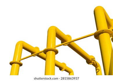 Complex network of yellow-painted pipes, featuring cylindrical steel construction, showcasing smooth glossy surface finish, highlighting interconnected web-like structure with secure metal flange co.