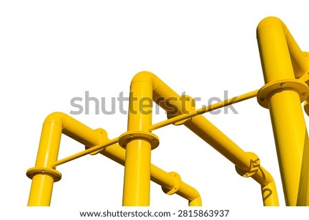 Complex network of yellow-painted pipes, featuring cylindrical steel construction, showcasing smooth glossy surface finish, highlighting interconnected web-like structure with secure metal flange co.