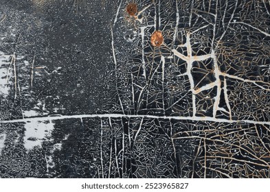 Complex pattern of cracked black paint exposing white and rust cracks on old metal surface, Dark grunge texture background, Abstract art slack rope walking man