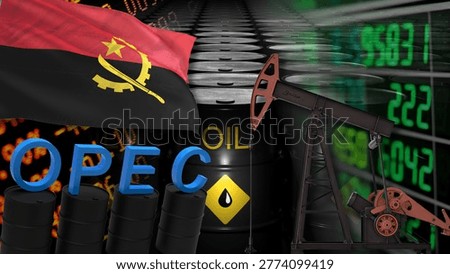 The complex relationship between Angola and OPEC, and its implications for the global oil industry. Illustrated with the Angolan flag, oil barrels, and economic data.