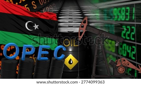 The complex relationship between Libya and OPEC, and its implications for the global oil industry. Illustrated with the Libyan flag, oil barrels, and economic data.