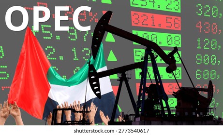 The complex relationship between the UAE and OPEC, UAE quits OPEC, and its implications for the oil and energy industry. Illustrated with oil barrels, economic data, and a flag.