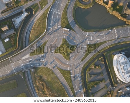 Complex roundabout intersection, turbo roundabout. Traffic flow intersection.