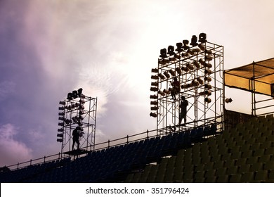 A Complex Scaffold Setup For A Stage For An Outdoor Concert.