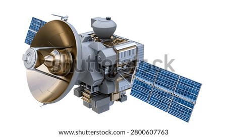 Complex space satellite probe with large dish antenna and blue solar panels