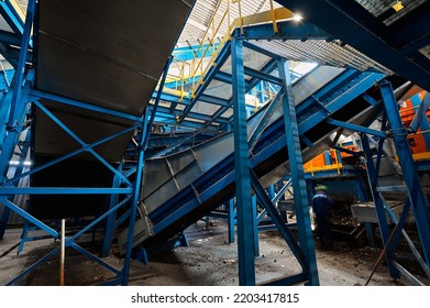 Complex System Of Inclined Belt Conveyors. Waste Sorting Plant