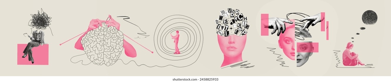 Complexity of human mind. Chaotic nature of human mind, tangled thoughts, conflicts, and emotional pressure and stress. Contemporary art collage. Concept of psychology, inner world, therapy