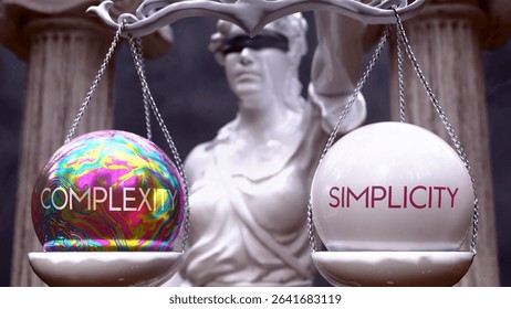 Complexity or Simplicity as a choice, two options to choose from. Greek statue presenting two alternatives: complexity or simplicity, weighing their values. Looking at pros and cons.