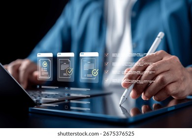 Compliance checklist, document verification, task approval, and audit management concept. files with checkmarks for accuracy, validation, and workflow.
