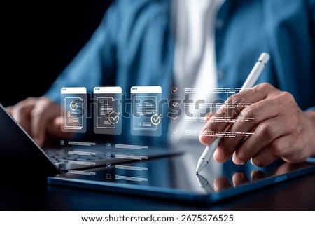 Compliance checklist, document verification, task approval, and audit management concept. files with checkmarks for accuracy, validation, and workflow.