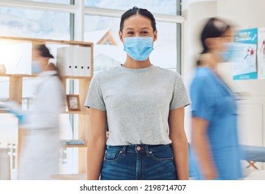 Compliance, Healthcare And Covid Rules At Hospital With A Happy Patient Coming For A Checkup With Busy Doctors. Portrait Of A Young Woman Looking Excited About The Corona Vaccine And Treatment