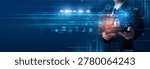 Compliance officer using tablet analyzing data privacy policies and protection standards. Data privacy compliance, user consent control and regulatory risk management.