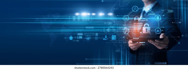 Compliance officer using tablet analyzing data privacy policies and protection standards. Data privacy compliance, user consent control and regulatory risk management.
