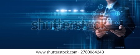 Compliance officer using tablet analyzing data privacy policies and protection standards. Data privacy compliance, user consent control and regulatory risk management.
