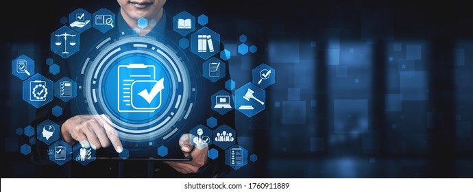Compliance rule law and regulation graphic interface for business quality policy planning to meet international standard. - Shutterstock ID 1760911889