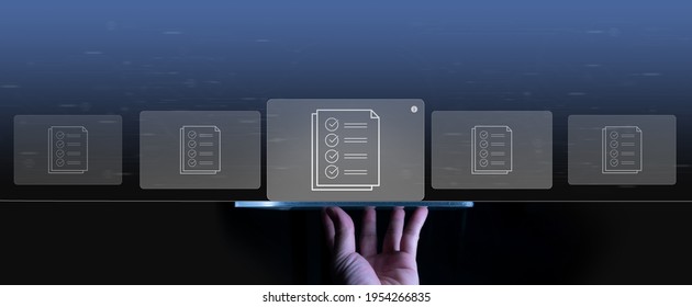 compliance rules and law regulation policy concept businessman working digital tablet computer on virtual screen, documents with checkbox lists. - Powered by Shutterstock